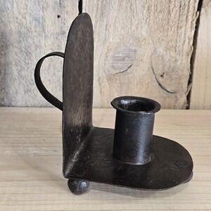 Vintage Primitive Hand Forged Wrought Iron Chamber Candlestick Holder Rustic